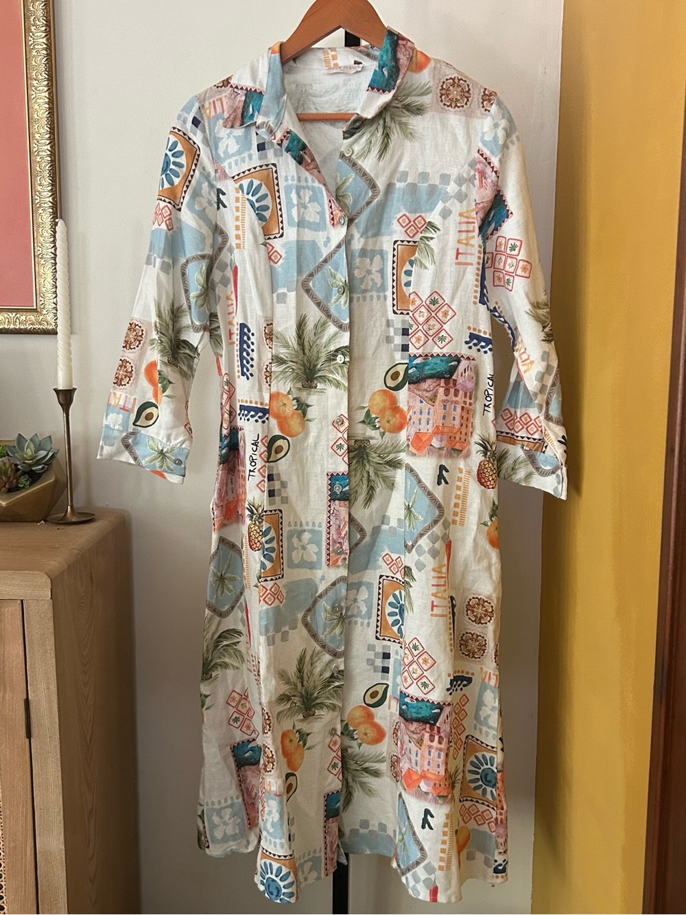 Spighe Di Lino Linen Midi Dress Italy Sicily Vacation Resort Pockets Medium
